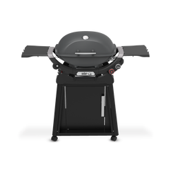 Charcoal Gray Gas Grill on a wheeled cart with a closed domed lid, built-in thermometer, extended side tables, two burner control knobs, and a cabinet door.