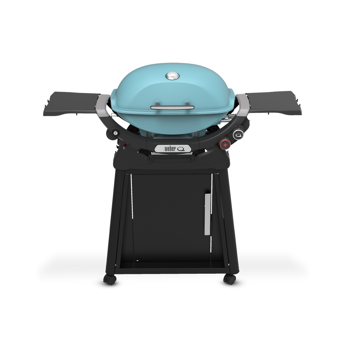 Sky Blue Gas Grill on a wheeled cart with a closed domed lid, built-in thermometer, extended side tables, two burner control knobs, and a cabinet door.