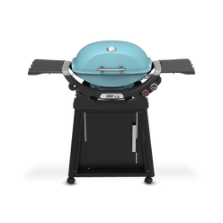 Sky Blue Gas Grill on a wheeled cart with a closed domed lid, built-in thermometer, extended side tables, two burner control knobs, and a cabinet door.