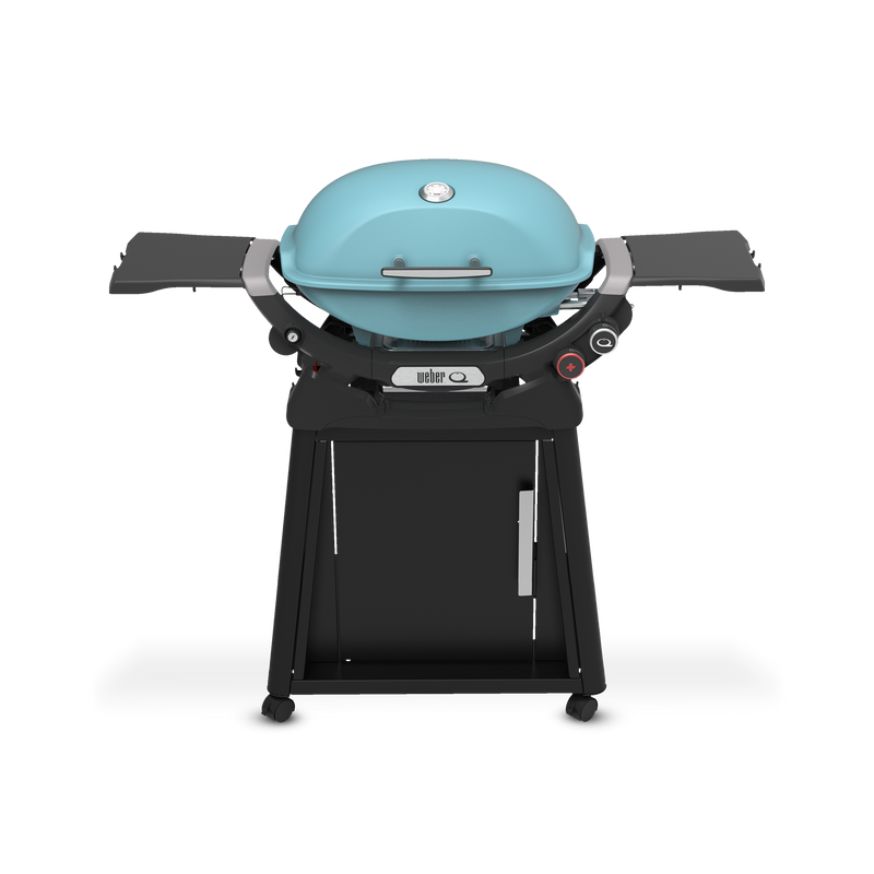 Sky Blue Gas Grill on a wheeled cart with a closed domed lid, built-in thermometer, extended side tables, two burner control knobs, and a cabinet door.