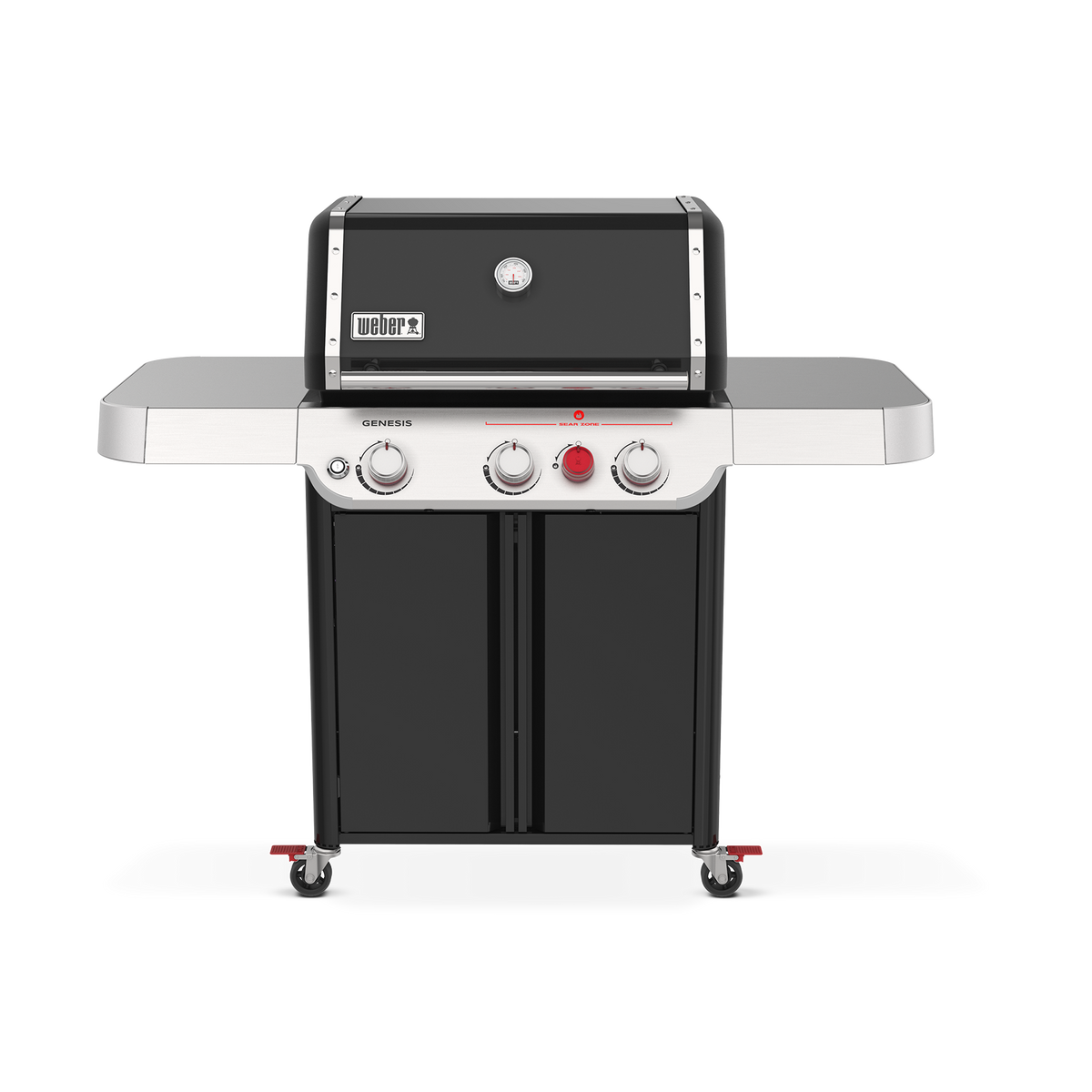 Weber Genesis E-325W Titanium Edition gas grill with three burners, a Sear Zone, and side tables for prep.