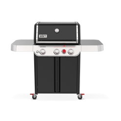 Weber Genesis E-325W Titanium Edition gas grill with three burners, a Sear Zone, and side tables for prep.