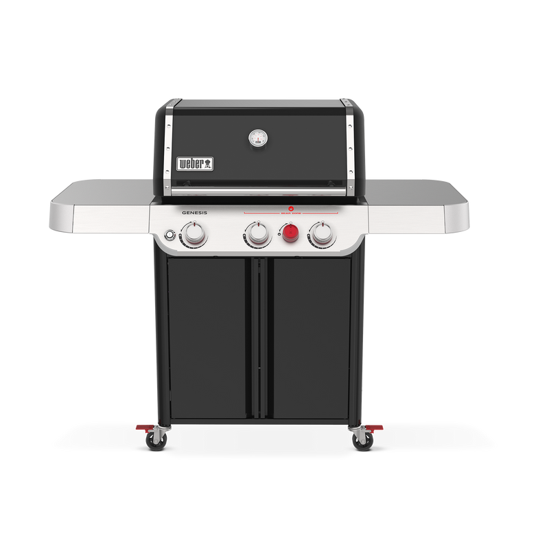 Weber Genesis E-325W Titanium Edition gas grill with three burners, a Sear Zone, and side tables for prep.