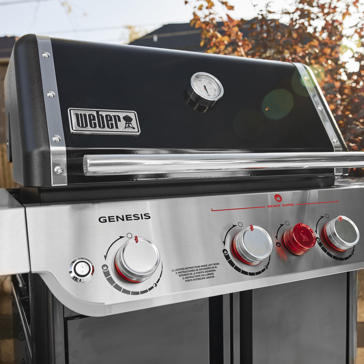 Built-in lid thermometer on the Weber Genesis E-325W Titanium Edition gas grill lets you monitor cooking temperature without opening the lid.