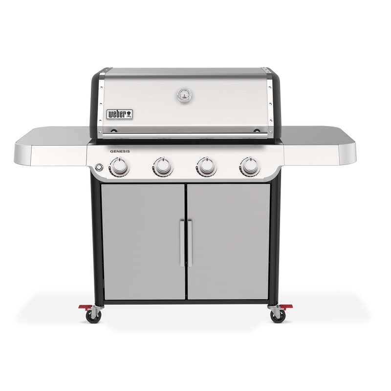 Front view of the stainless steel Weber Genesis S-415 Gas Grill with the lid closed, four burner controls, and two side shelves for prep and serving.