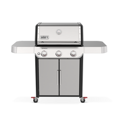 Weber Genesis S-315 Gas Grill features stainless steel construction, spacious side tables, and enclosed storage for outdoor cooking.