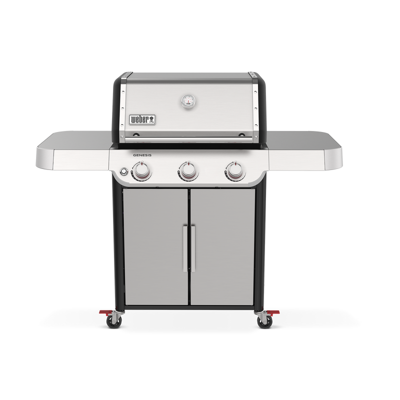 Weber Genesis S-315 Gas Grill features stainless steel construction, spacious side tables, and enclosed storage for outdoor cooking.