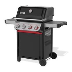 Two large wheels support the Weber Spirit E-425 Gas Grill, with an enclosed cabinet, two side tables, a built-in lid thermometer, and four burner controls, including two red Boost Burner knobs.