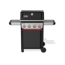 Four burner controls, including two red-accented Boost Burner knobs, line the Weber Spirit E-425 Gas Grill beneath a closed lid with a built-in thermometer, flanked by two side tables above an enclosed cabinet.