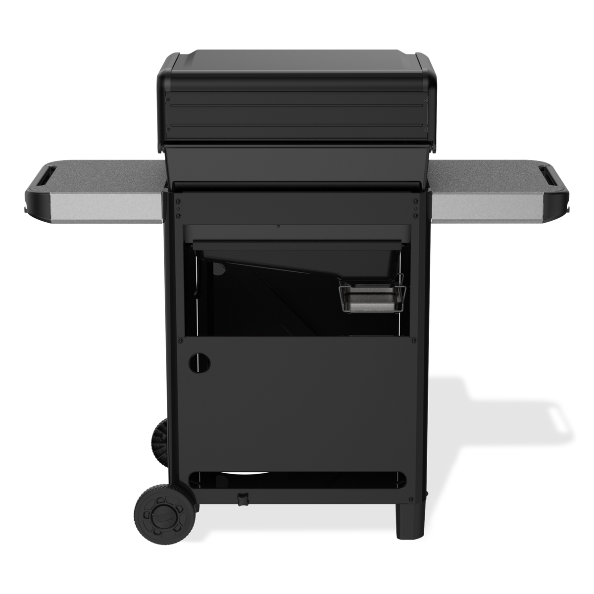 The rear of the Weber Spirit E-425 Gas Grill reveals the grease tray and catch pan beneath the cookbox, with two side tables and large wheels.