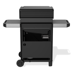 The rear of the Weber Spirit E-425 Gas Grill reveals the grease tray and catch pan beneath the cookbox, with two side tables and large wheels.