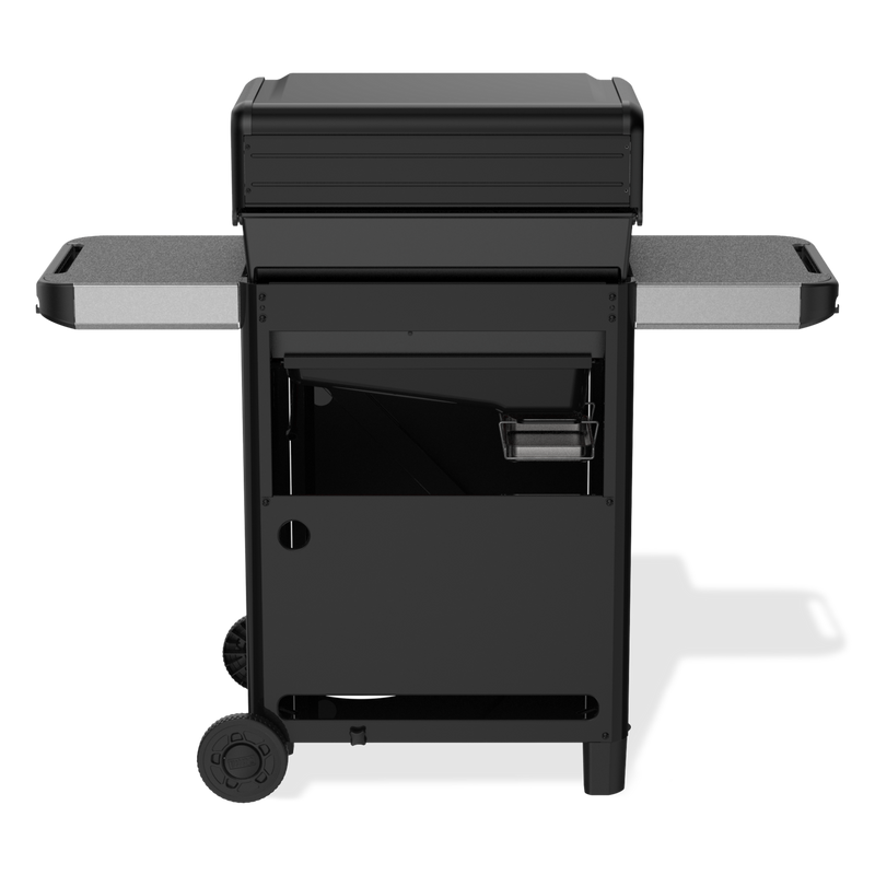 The rear of the Weber Spirit E-425 Gas Grill reveals the grease tray and catch pan beneath the cookbox, with two side tables and large wheels.