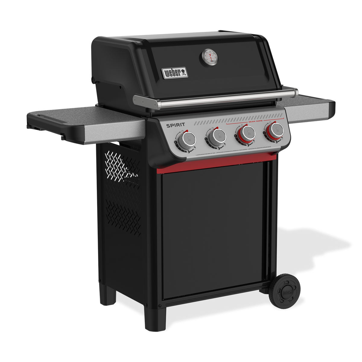 Two side tables flank the Weber Spirit E-425 Gas Grill, with a built-in lid thermometer, four burner controls including two red Boost Burner knobs, and an enclosed cabinet below.