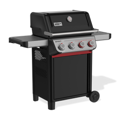 Two side tables flank the Weber Spirit E-425 Gas Grill, with a built-in lid thermometer, four burner controls including two red Boost Burner knobs, and an enclosed cabinet below.