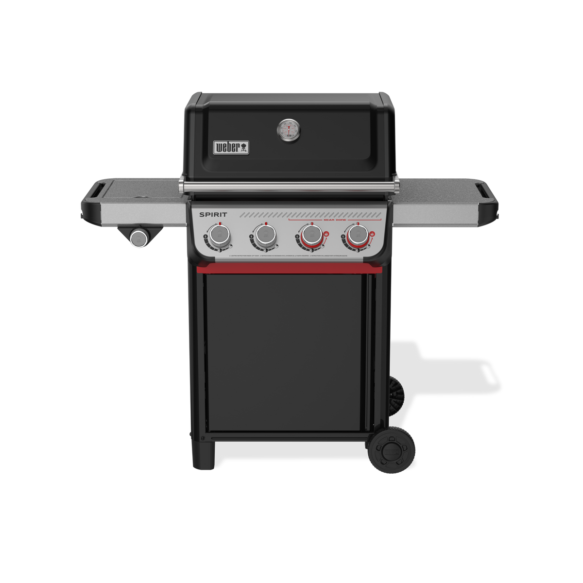 Weber Spirit E-435 Gas Grill with four burners, Sear Zone, side burner, and side tables for versatile outdoor cooking.