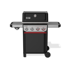 Weber Spirit E-435 Gas Grill with four burners, Sear Zone, side burner, and side tables for versatile outdoor cooking.