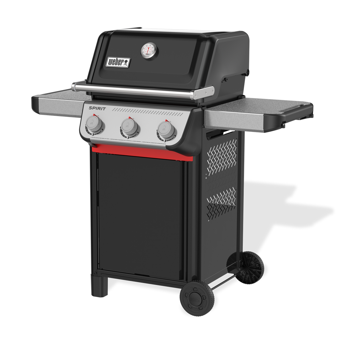 Front-right view of the black Weber Spirit E-310 Gas Grill with the lid closed, a built-in thermometer, two side tables, three control knobs, and two wheels.