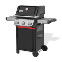 Front-right view of the black Weber Spirit E-310 Gas Grill with the lid closed, a built-in thermometer, two side tables, three control knobs, and two wheels.