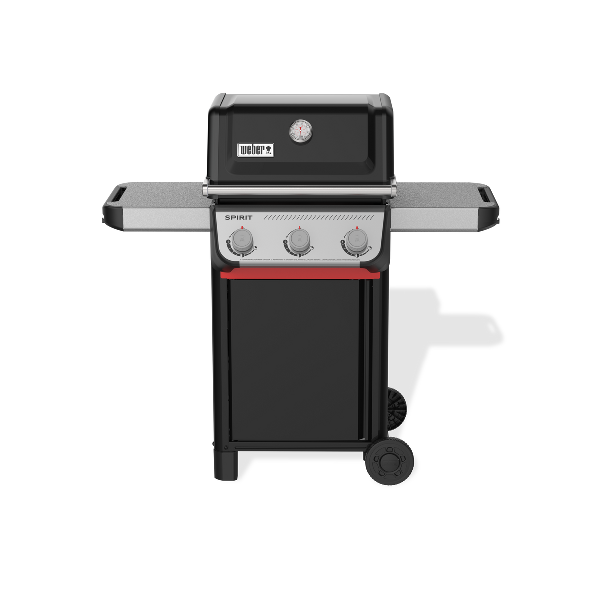 Front view of the black Weber Spirit E-310 Gas Grill with the lid closed, a built-in thermometer, two side tables, three control knobs, and two wheels.