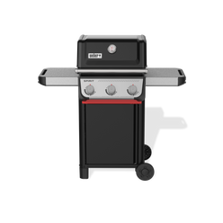 Front view of the black Weber Spirit E-310 Gas Grill with the lid closed, a built-in thermometer, two side tables, three control knobs, and two wheels.