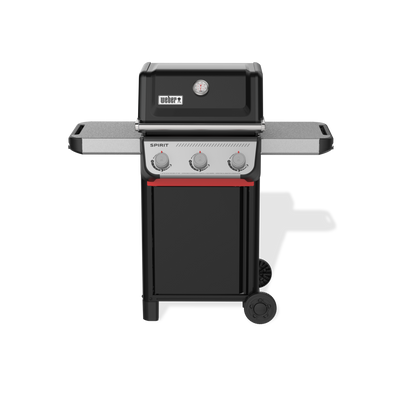 Front view of the black Weber Spirit E-310 Gas Grill with the lid closed, a built-in thermometer, two side tables, three control knobs, and two wheels.