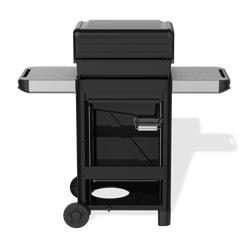 Rear view of the black Weber Spirit E-310 Gas Grill with the lid closed, two side tables, an exposed grease tray and catch pan, and two wheels.
