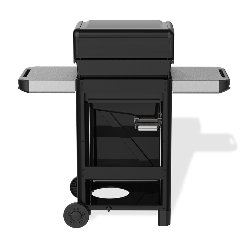 Rear view of the black Weber Spirit E-310 Gas Grill with the lid closed, two side tables, an exposed grease tray and catch pan, and two wheels.
