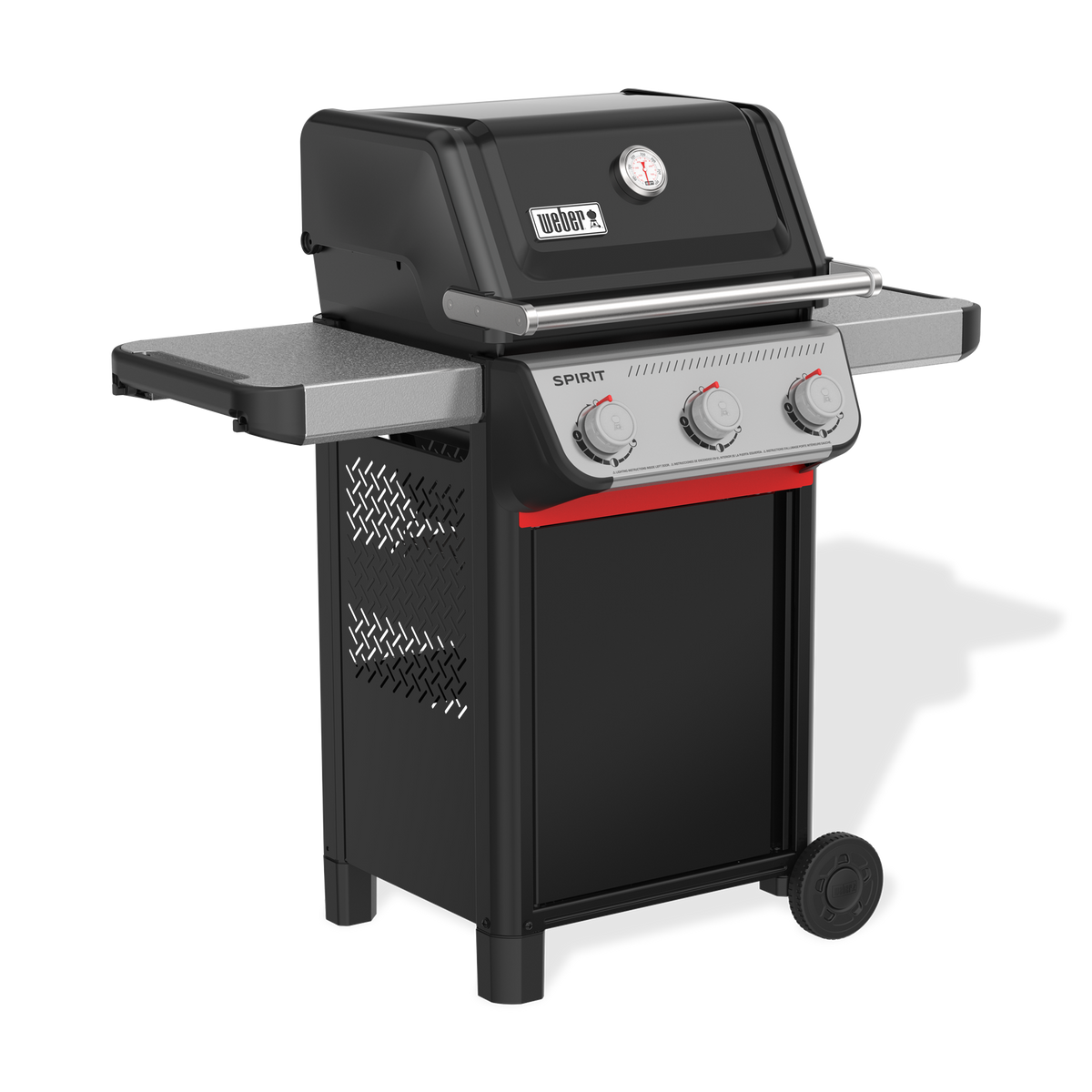 Front-left view of the black Weber Spirit E-310 Gas Grill with the lid closed, a built-in thermometer, two side tables, and three control knobs.