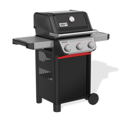 Front-left view of the black Weber Spirit E-310 Gas Grill with the lid closed, a built-in thermometer, two side tables, and three control knobs.