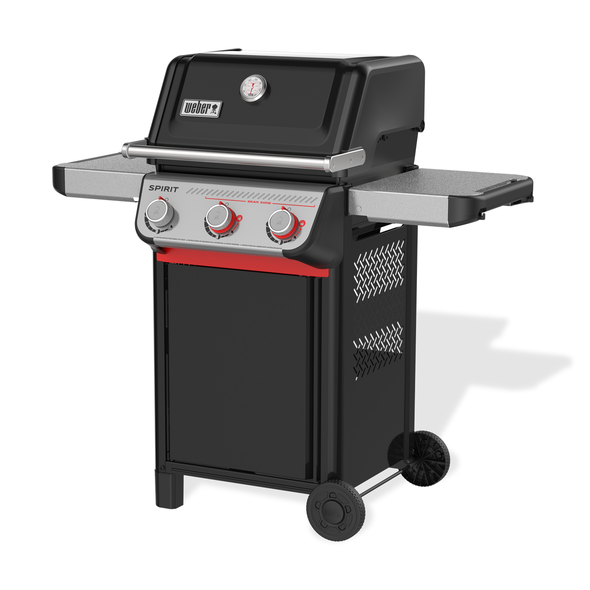 Front-right view of the black Weber Spirit E-325 Gas Grill with the lid closed, two side tables, and three control knobs, including two red-accented Boost Burner knobs.