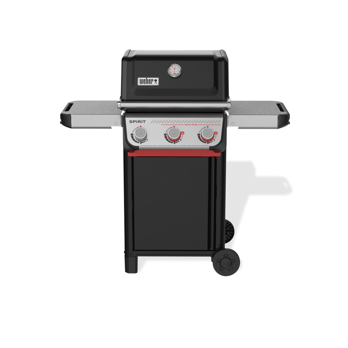 Front view of the black Weber Spirit E-325 Gas Grill with the lid closed, a built-in thermometer, two side tables, and three control knobs, including two red-accented Boost Burner knobs.