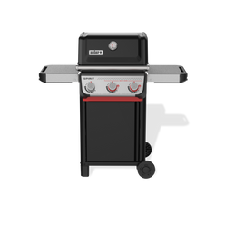Front view of the black Weber Spirit E-325 Gas Grill with the lid closed, a built-in thermometer, two side tables, and three control knobs, including two red-accented Boost Burner knobs.