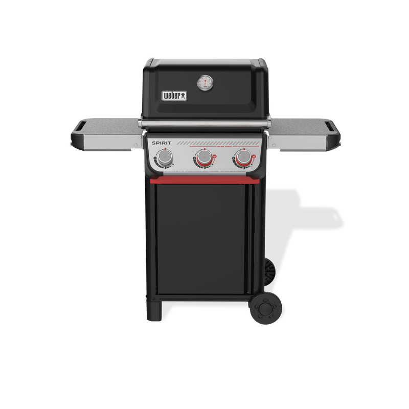 Front view of the black Weber Spirit E-325 Gas Grill with the lid closed, a built-in thermometer, two side tables, and three control knobs, including two red-accented Boost Burner knobs.