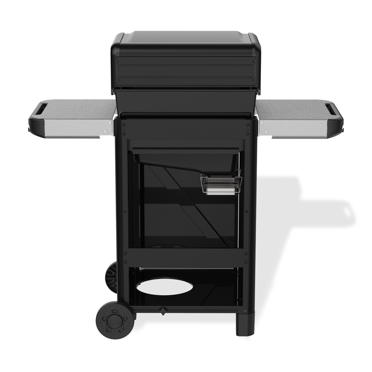 Rear view of the black Weber Spirit E-325 Gas Grill with the lid closed, two side tables, an exposed grease tray and catch pan, and two wheels.