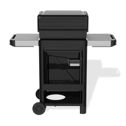 Rear view of the black Weber Spirit E-325 Gas Grill with the lid closed, two side tables, an exposed grease tray and catch pan, and two wheels.