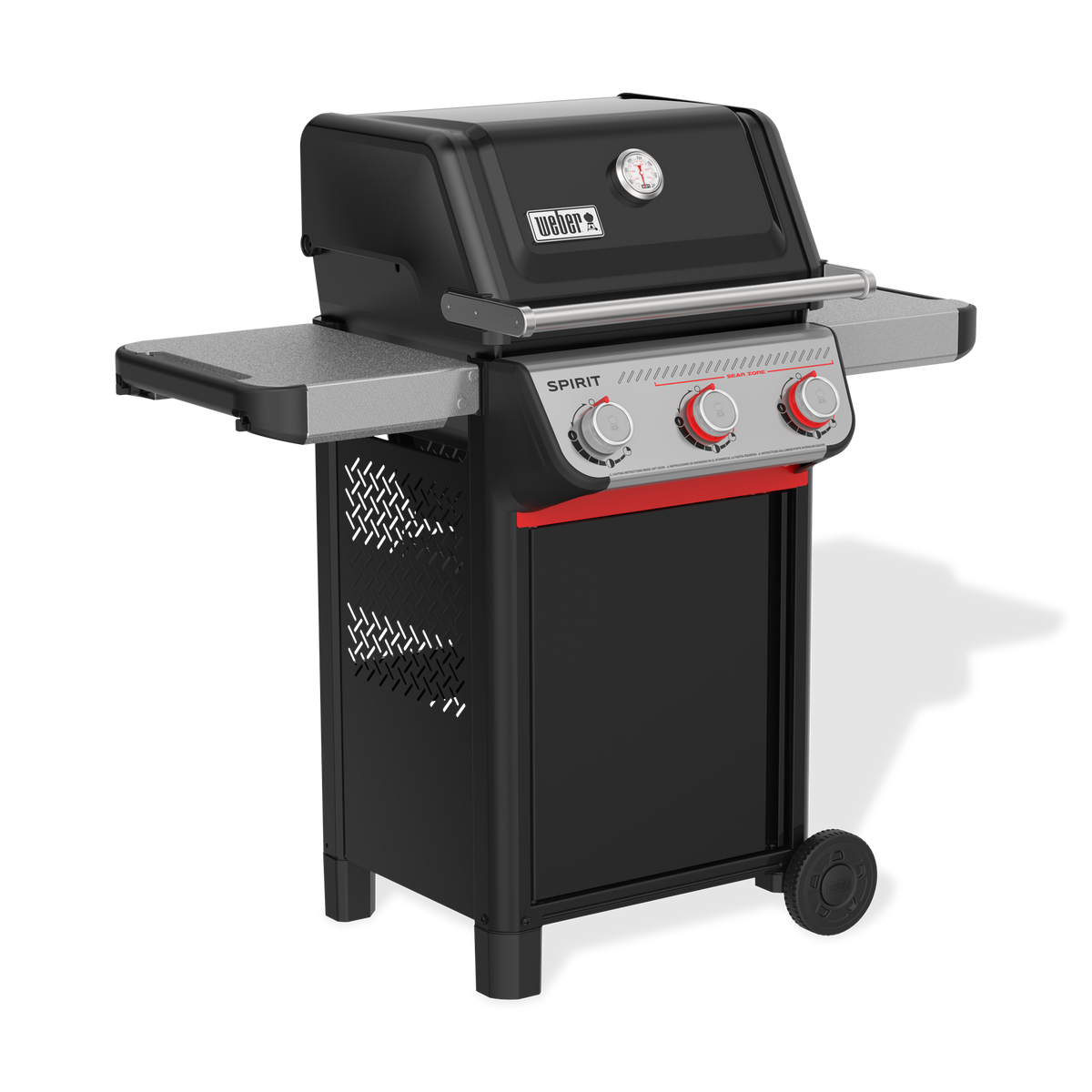 Front-left view of the black Weber Spirit E-325 Gas Grill with the lid closed, a built-in thermometer, two side tables, and three control knobs, including two red-accented Boost Burner knobs.