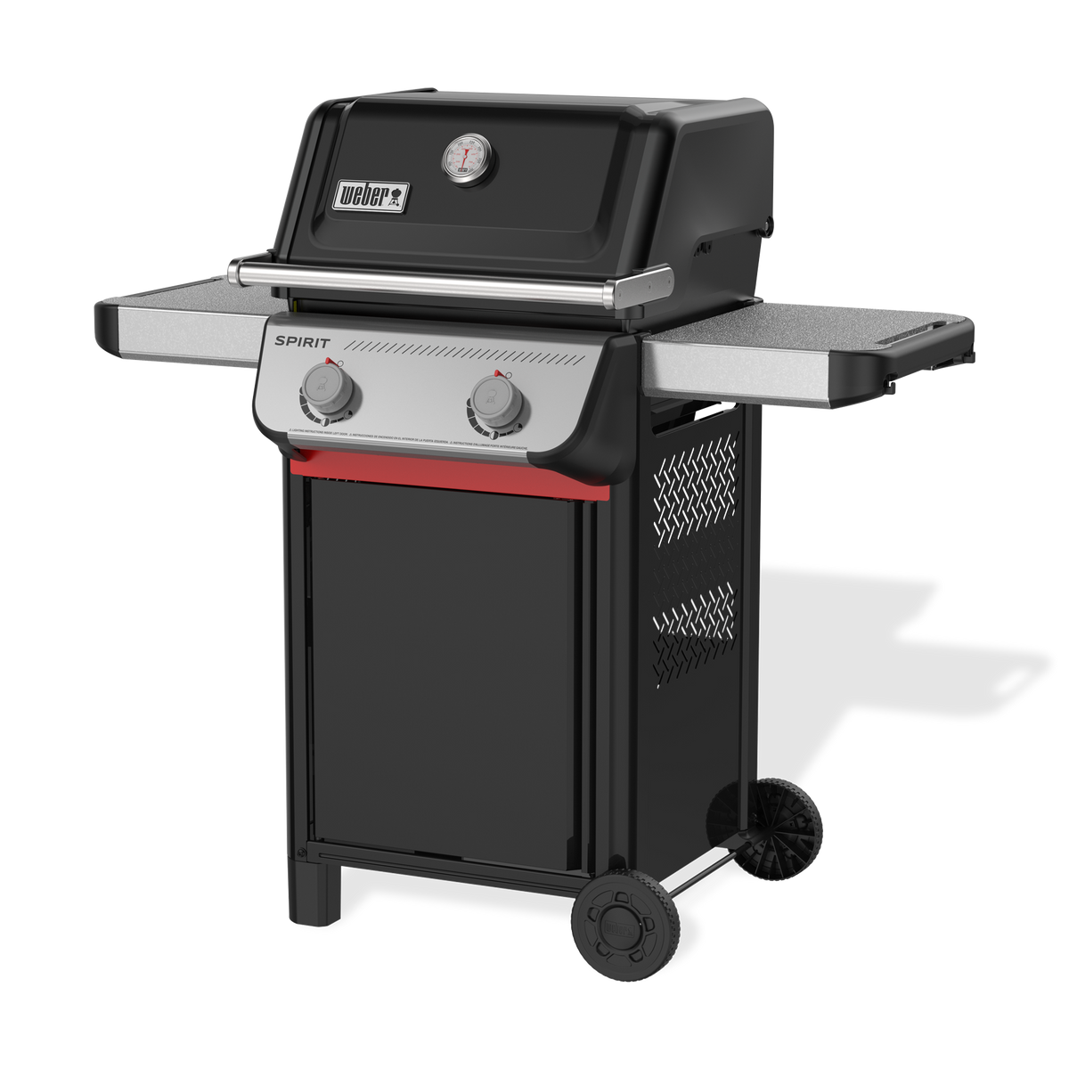 Front-right view of the black Weber Spirit E-210 Gas Grill with the lid closed, a built-in thermometer, two side tables, two control knobs and a red cabinet handle.