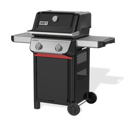 Front-right view of the black Weber Spirit E-210 Gas Grill with the lid closed, a built-in thermometer, two side tables, two control knobs and a red cabinet handle.