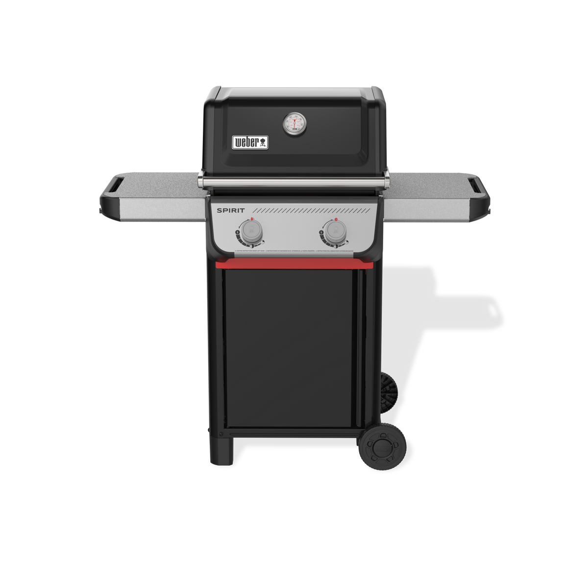 Front view of the black Weber Spirit E-210 Gas Grill with the lid closed, a built-in thermometer, two side tables, two control knobs, and a red cabinet handle.