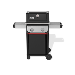 Front view of the black Weber Spirit E-210 Gas Grill with the lid closed, a built-in thermometer, two side tables, two control knobs, and a red cabinet handle.