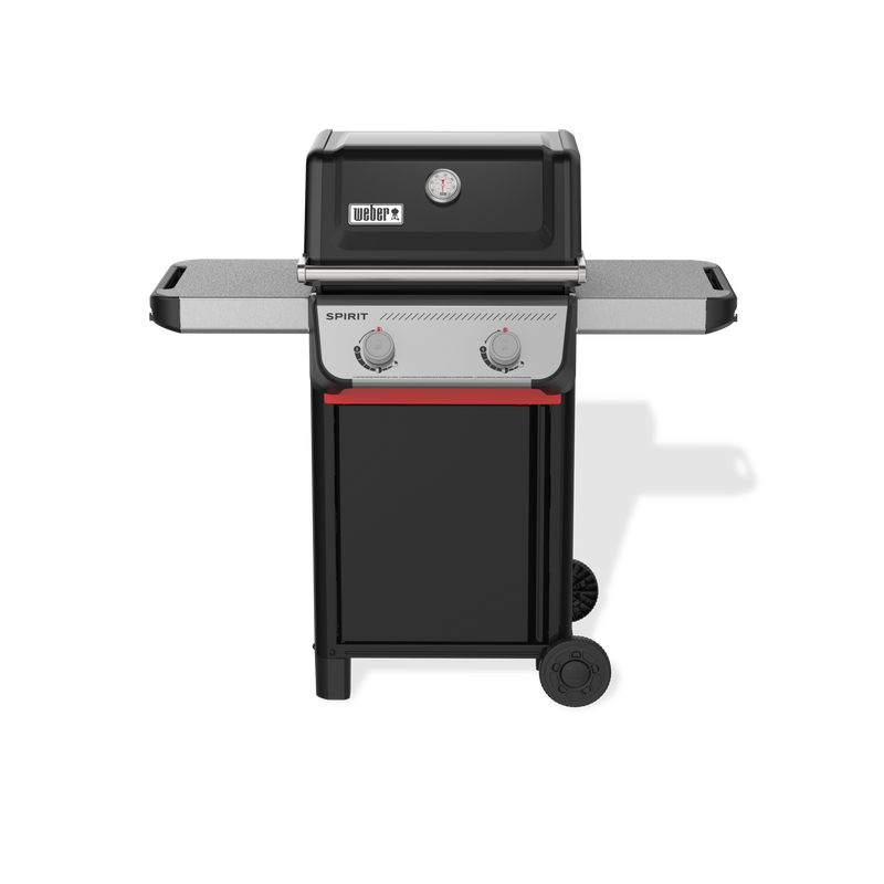Front view of the black Weber Spirit E-210 Gas Grill with the lid closed, a built-in thermometer, two side tables, two control knobs, and a red cabinet handle.