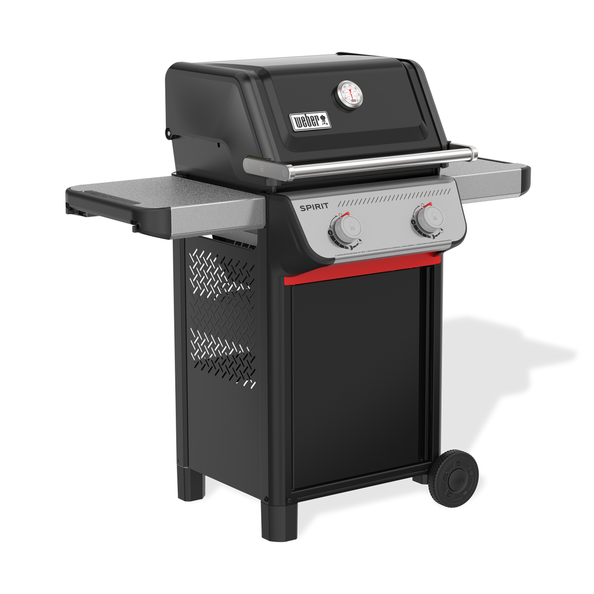 Front-left view of the black Weber Spirit E-210 Gas Grill with the lid closed, a built-in thermometer, two side tables, tool hooks, two control knobs, and a red cabinet handle.