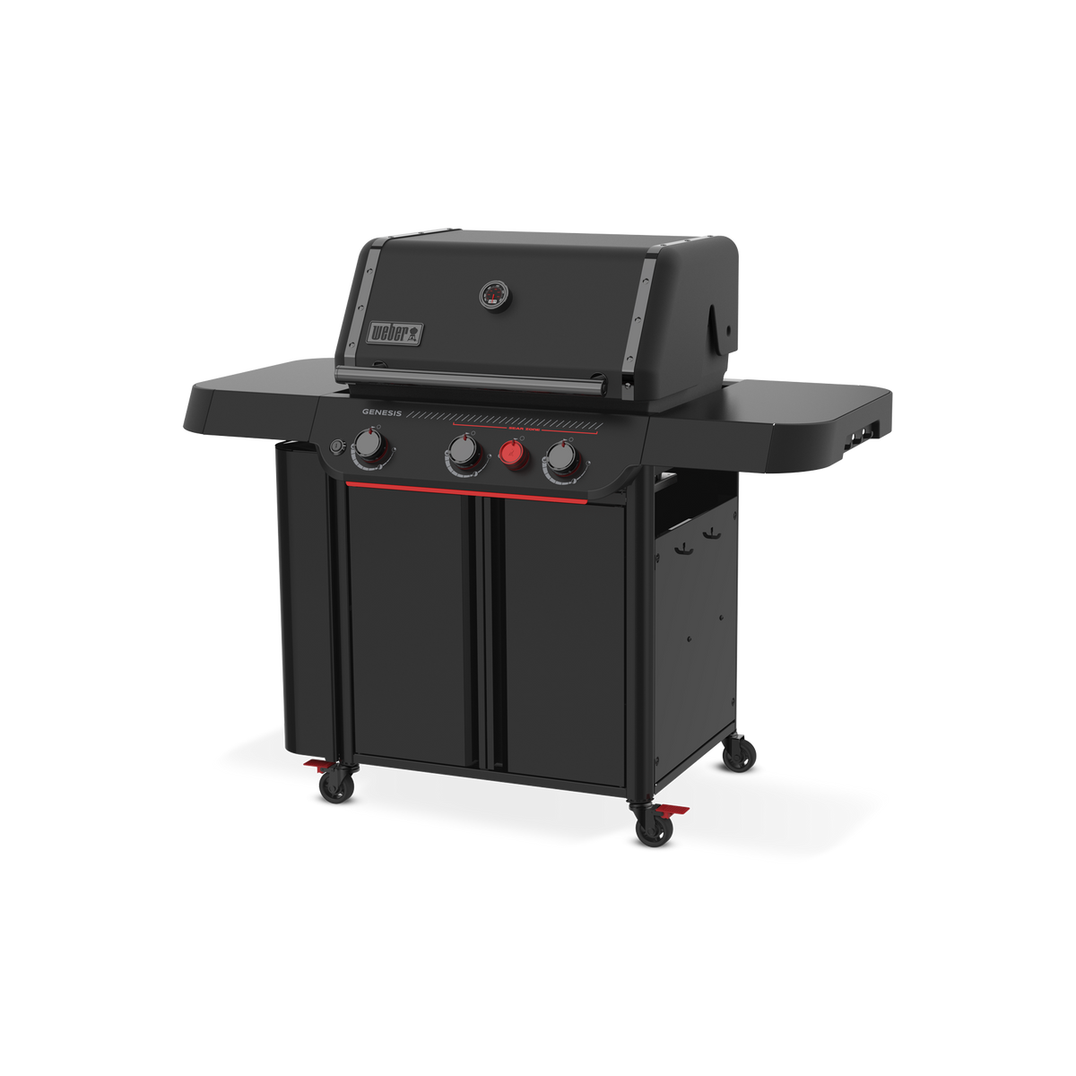 Front-right view of the matte black Weber Genesis E-330 Gas Grill Stealth Edition with the lid closed, two side tables, tool hooks, enclosed storage, and a red Sear Burner knob.