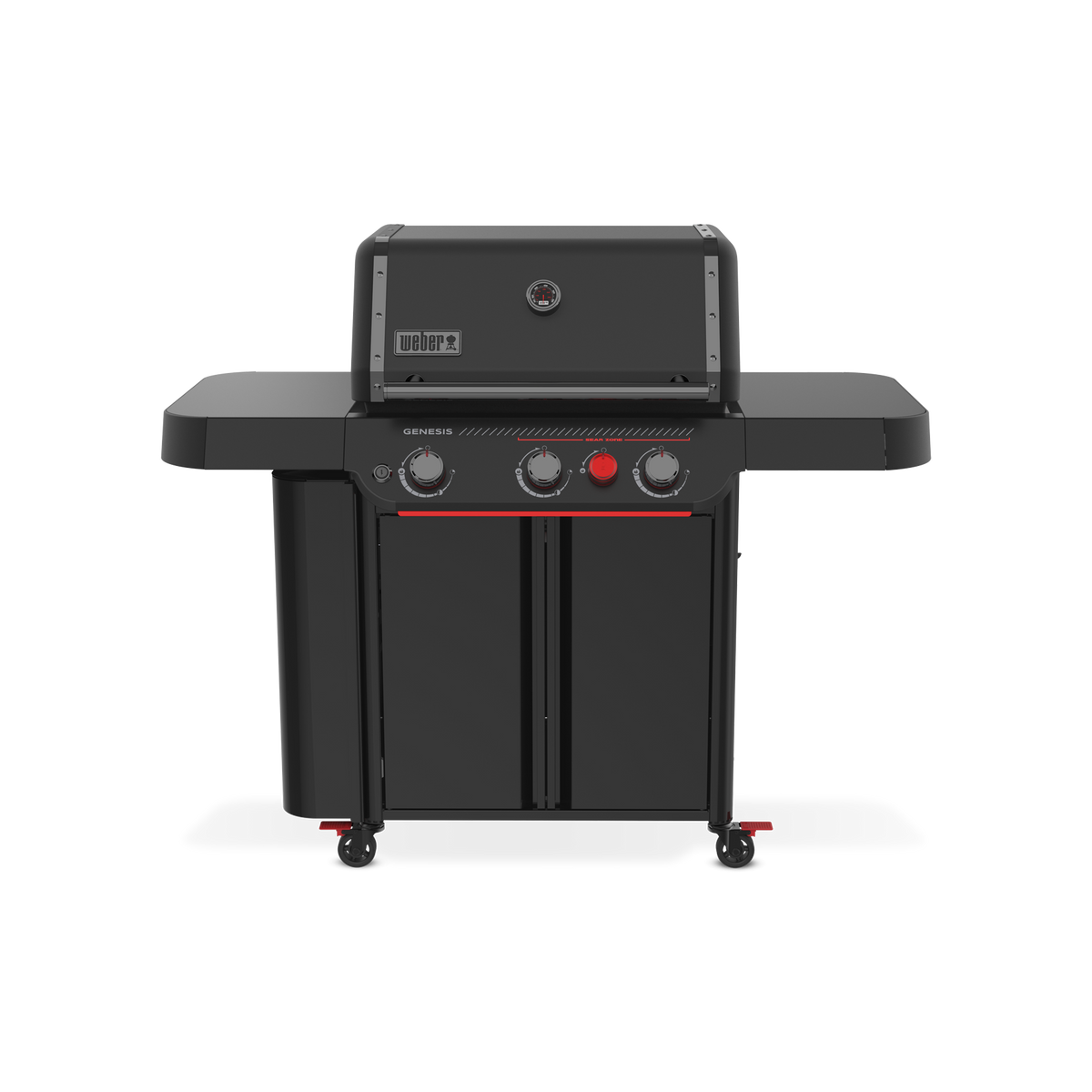 Front view of the matte black Weber Genesis E-330 Gas Grill Stealth Edition with the lid closed, a built-in thermometer, two side tables, enclosed storage, and a red Sear Burner knob.