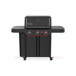 Front view of the matte black Weber Genesis E-330 Gas Grill Stealth Edition with the lid closed, a built-in thermometer, two side tables, enclosed storage, and a red Sear Burner knob.