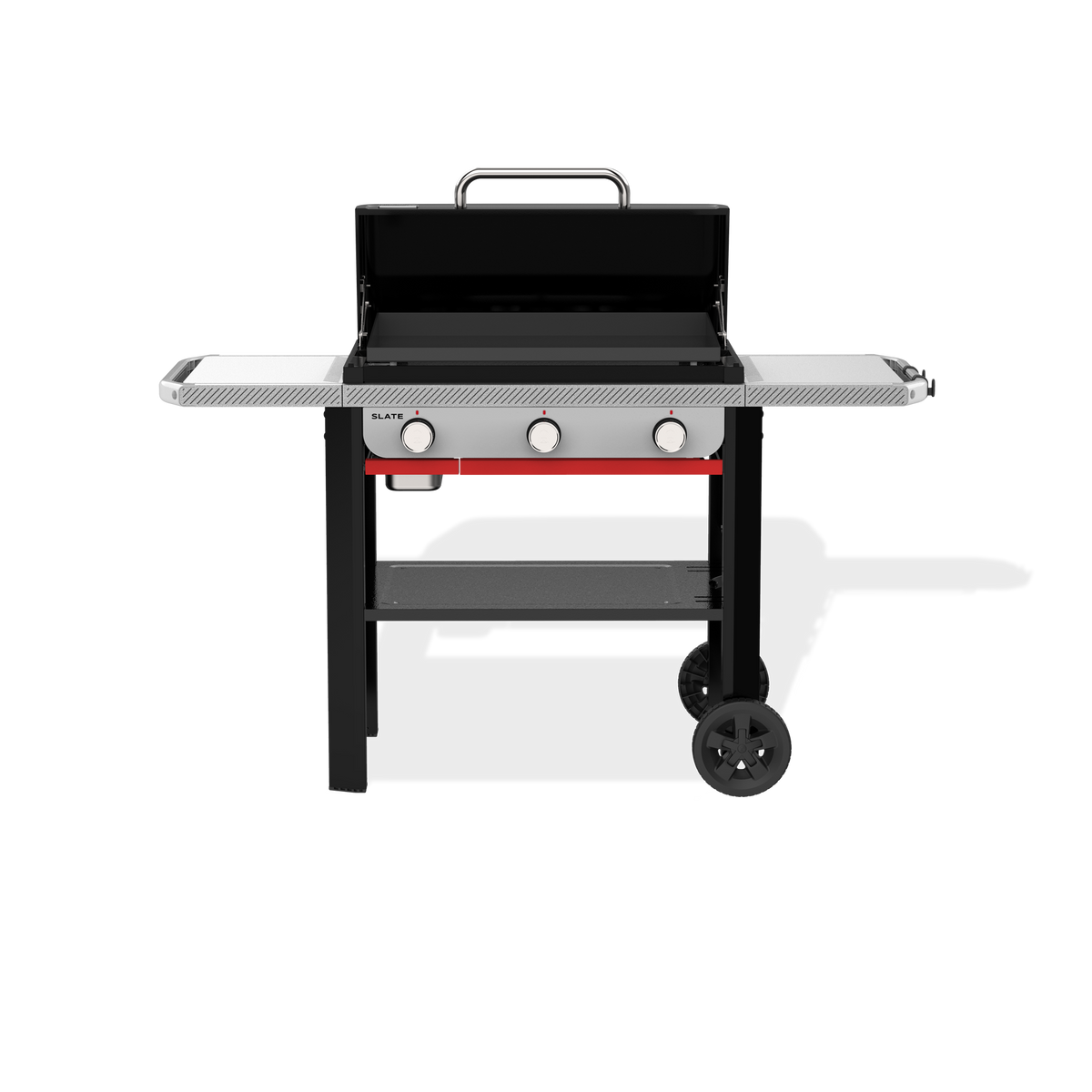 Weber Slate 28" Rust-Resistant Griddle with an open hard cover exposing the flat cooktop, two side tables, three front control knobs, a lower storage shelf, and two wheels.