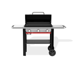 Weber Slate 28" Rust-Resistant Griddle with an open hard cover exposing the flat cooktop, two side tables, three front control knobs, a lower storage shelf, and two wheels.