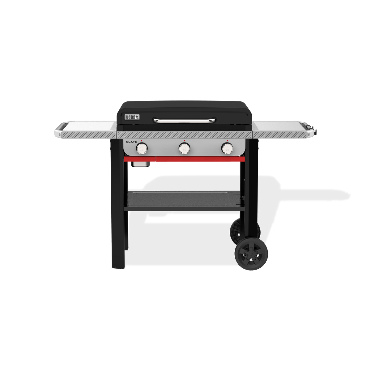 Weber Slate 28" Rust-Resistant Griddle with a closed hard cover, two side tables, three front control knobs, a lower storage shelf, and two wheels.