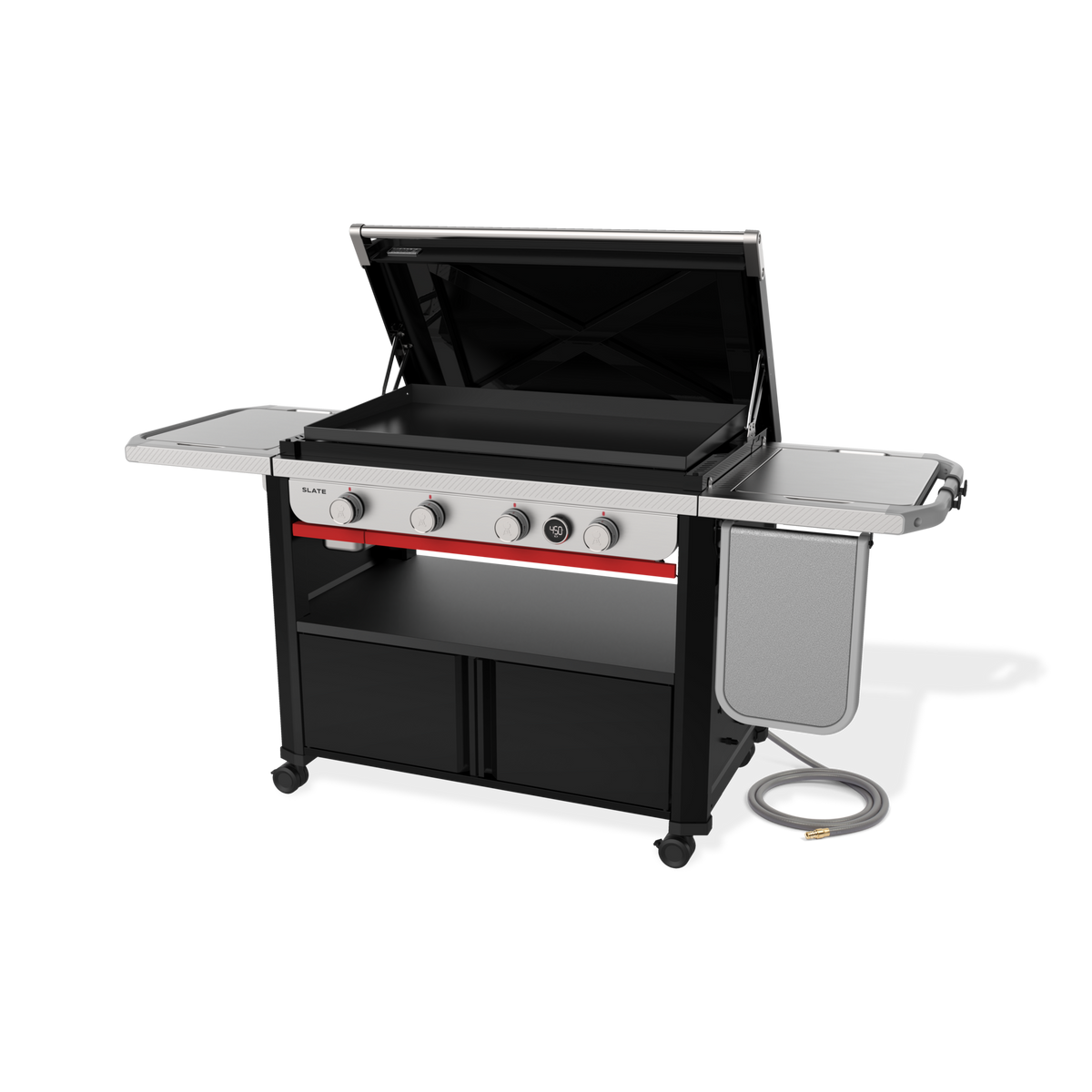 Front-right view of the Weber Slate 36” Rust-Resistant Griddle with the hard cover open, an empty cooktop, four control knobs, a digital thermometer and the flip-up side table folded down.