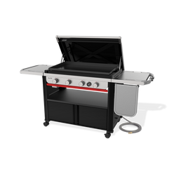 Front-right view of the Weber Slate 36” Rust-Resistant Griddle with the hard cover open, an empty cooktop, four control knobs, a digital thermometer and the flip-up side table folded down.